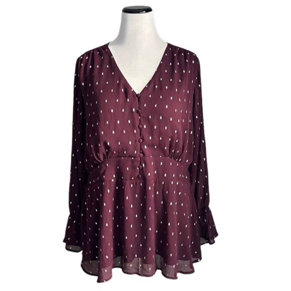 Lane Bryant Metallic Peplum Long Sleeve Chiffon Blouse Top, Burgundy & Gold 20